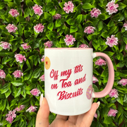 Mug front facing – clear view of the quote + biscuit designs