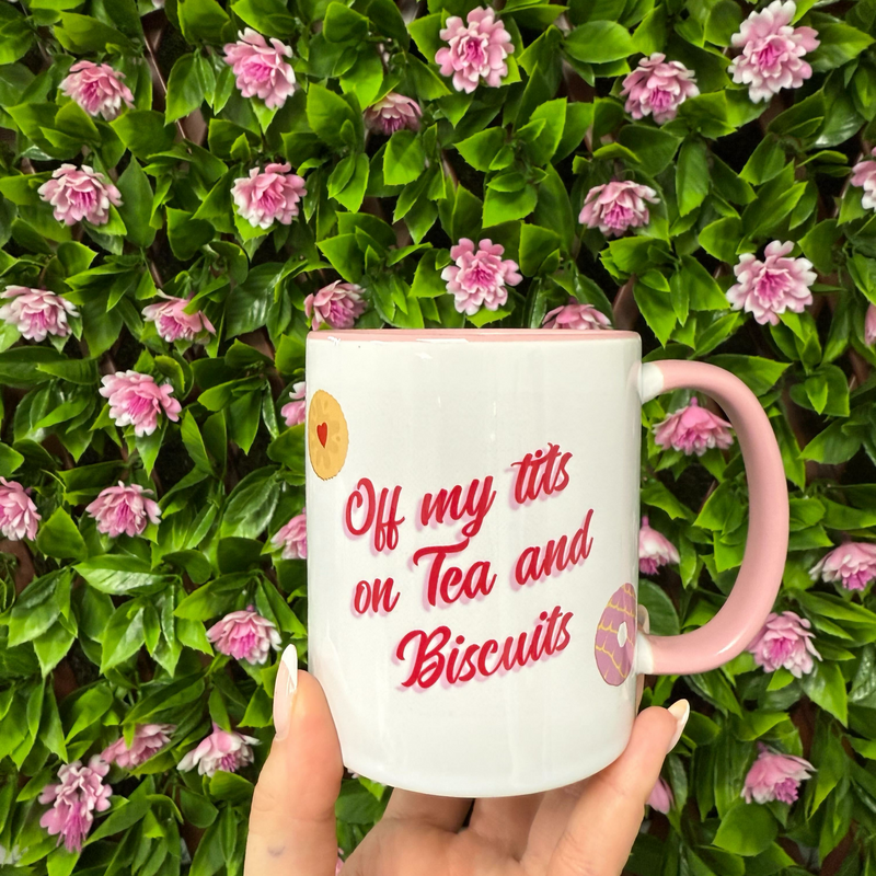 Mug front facing – clear view of the quote + biscuit designs