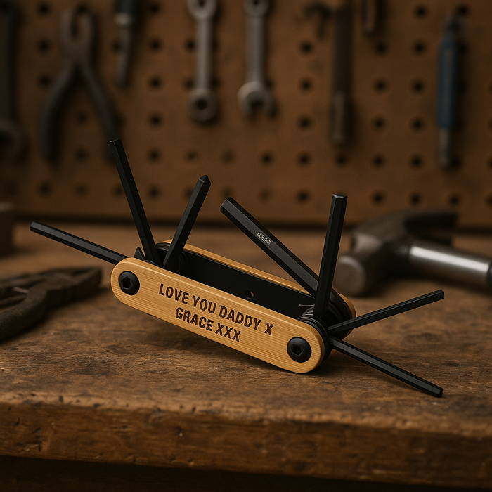 Personalised Bamboo & Black Steel 7-piece BIKE Set or Multi Tool Set