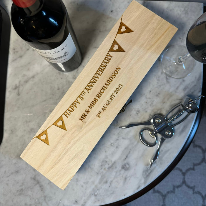 Personalised Wooden Wine Box – Engraved Bunting Design Gift