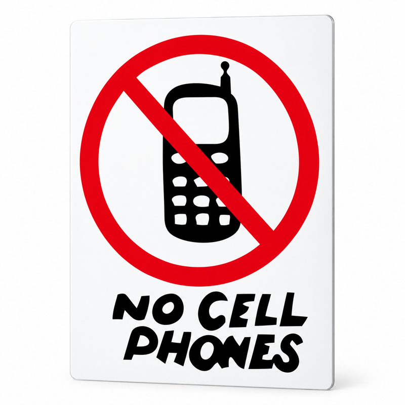 A rectangular white sign with a red prohibition symbol over a black mobile phone icon and the words 'NO CELL PHONES' in black lettering, shown on a light gray background.