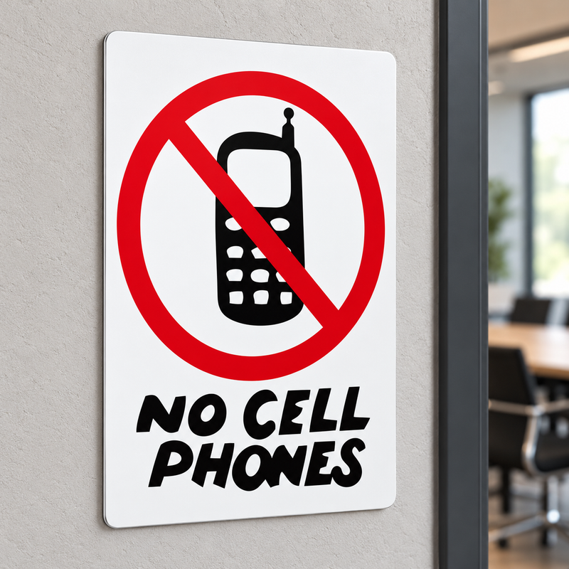 A rectangular white sign mounted on a light gray wall, featuring a red prohibition symbol over a black mobile phone icon and the words 'NO CELL PHONES' in black. A blurred office interior is visible in the background.