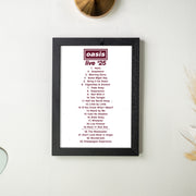 Framed poster with 'oasis live '25' album tracklist on a white wall.