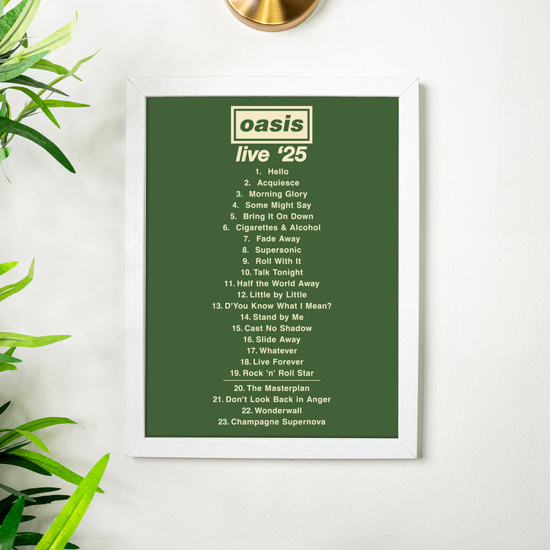 Framed Oasis 'Live '25' album tracklist on a white wall with plants.