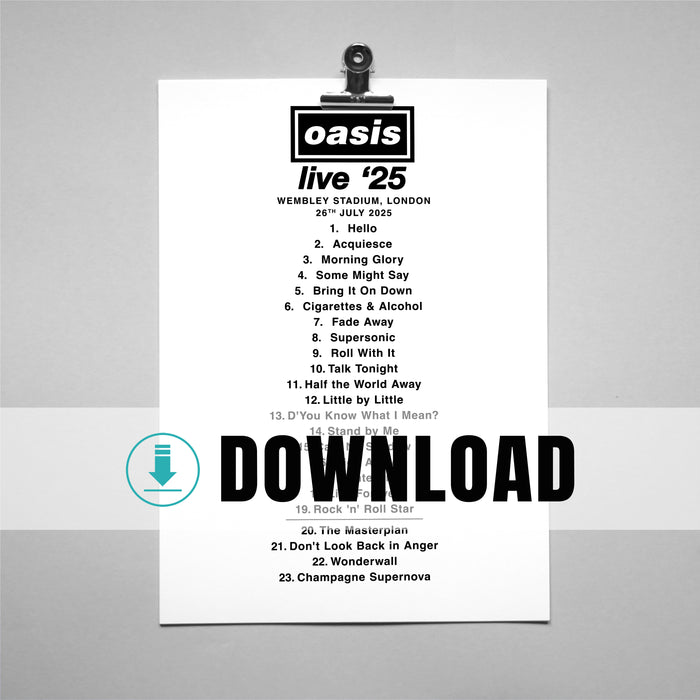 Oasis Live 25 Setlist Digital Print – Britpop Music Poster