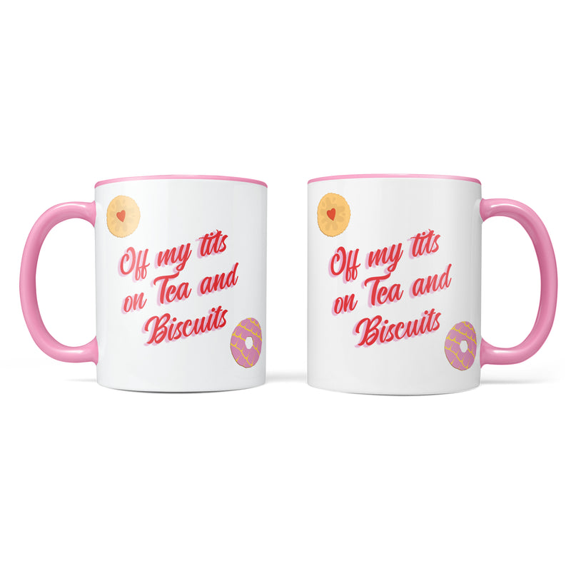Off My Tits on Tea and Biscuits Mug – Funny Pink Tea Lover Gift with Biscuit Graphics – 11oz Ceramic Mug