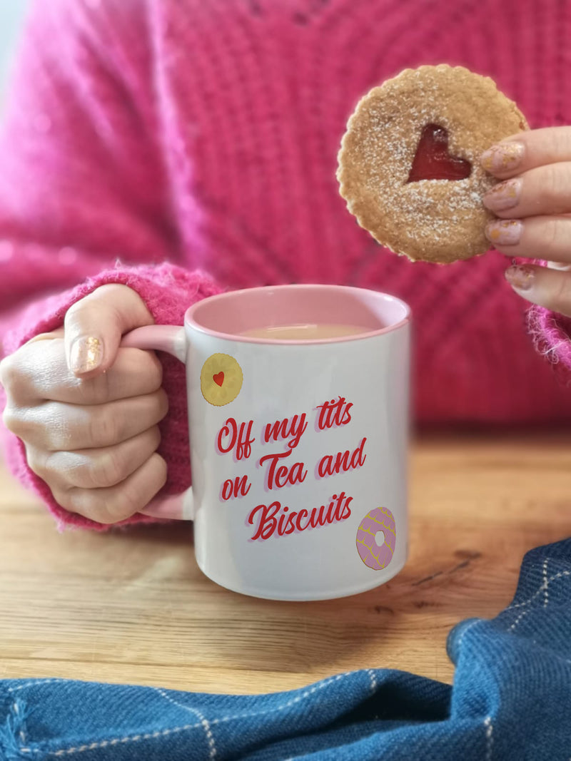 Off My Tits on Tea and Biscuits Mug – Funny Pink Tea Lover Gift with Biscuit Graphics – 11oz Ceramic Mug