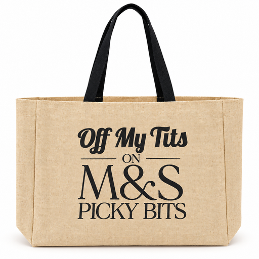 A natural beige canvas tote bag with black handles and black printed text reading 'Off My Tits ON M&S PICKY BITS' on a white background.