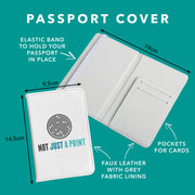A graphic image showing the dimensions and features of a passport cover. Labels point out the elastic band to hold the passport, inner pockets for cards, and faux leather with grey fabric lining. The measurements are 14.5cm x 9.5cm when closed and 19cm when open. Background is teal with white text.