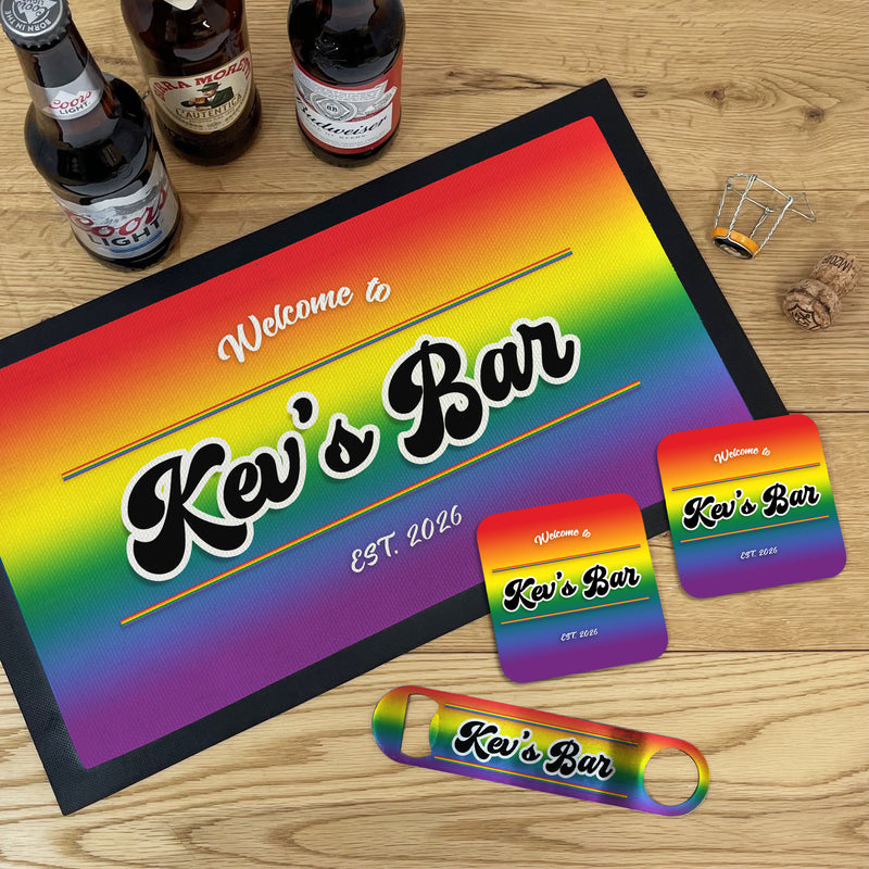 Personalised Bar Set | Custom Home Bar Accessories | Rainbow Pride Bar Decor | Personalised Bar Mat & Coasters Gift