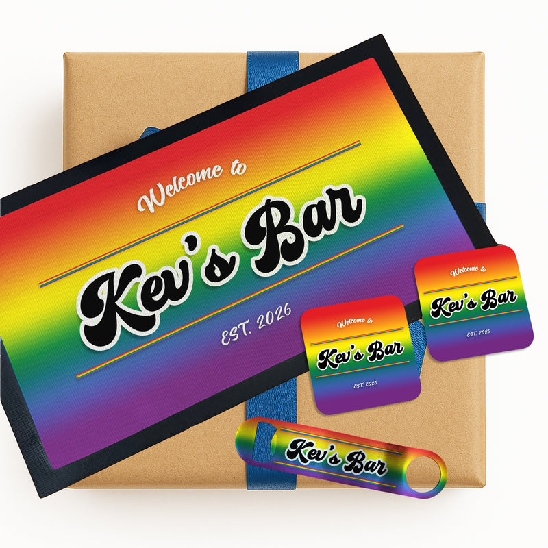 Personalised Bar Set | Custom Home Bar Accessories | Rainbow Pride Bar Decor | Personalised Bar Mat & Coasters Gift