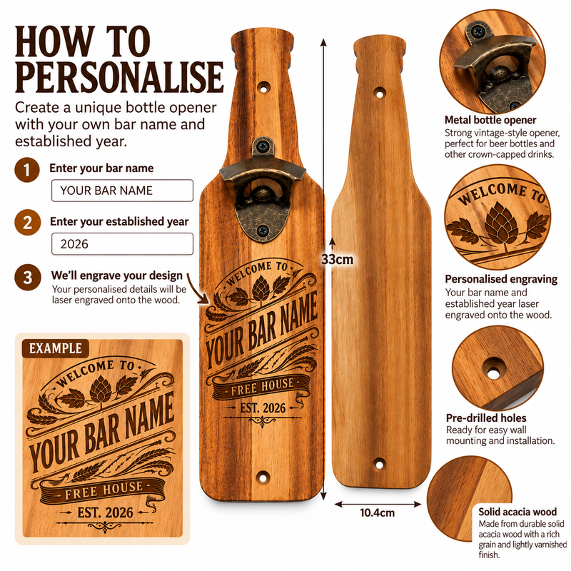 Personalised Solid Beech Bottle Opener | Vintage Home Bar