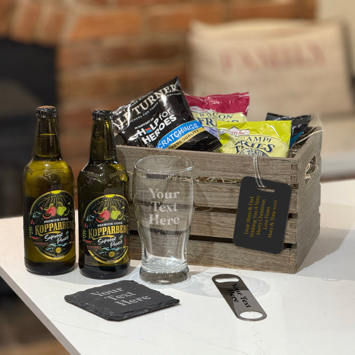 Personalised Cider Lovers Crate Set – Engraved Glass, Coaster & Bottle Opener Gift Hamper