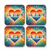 Set of four personalised festival coasters with custom festival name and date and colourful rainbow heart design