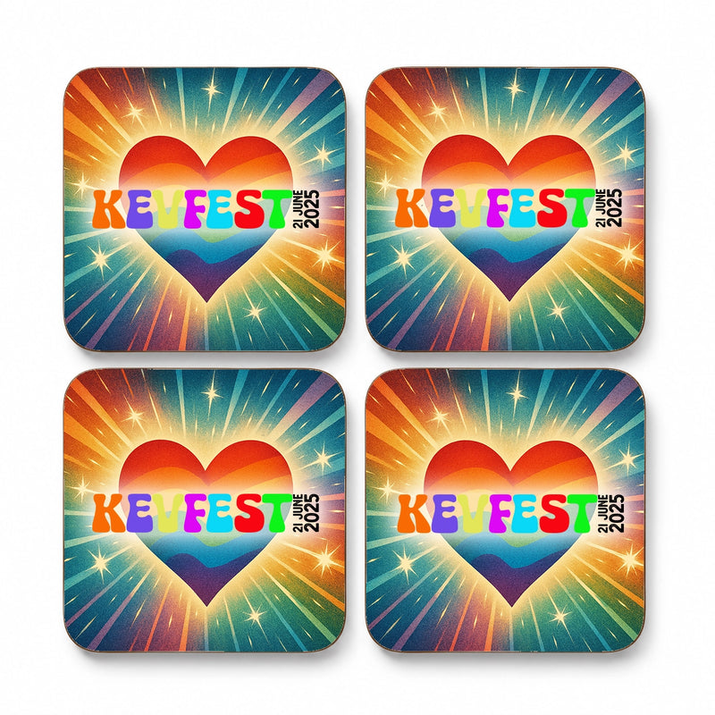 Set of four personalised festival coasters with custom festival name and date and colourful rainbow heart design