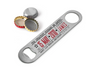 Personalised anniversary bar blade bottle opener engraved with date and name, shown flat on a white surface with silver and gold bottle caps.