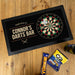 “Personalised darts bar runner featuring dartboard graphic and the text ‘Welcome to Connor’s Darts Bar’ displayed on a wooden table.”