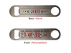 Personalised metal bar blade bottle opener showing both sides — front engraved with anniversary message and back featuring the name “James.”