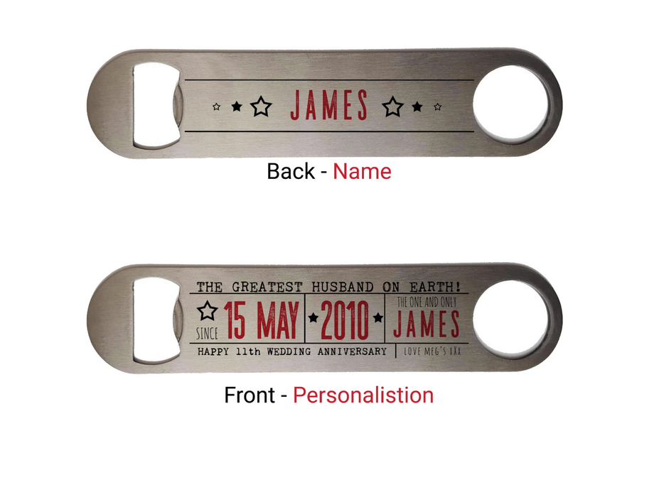 Personalised metal bar blade bottle opener showing both sides — front engraved with anniversary message and back featuring the name “James.”