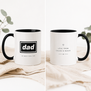 Personalised dad mug showing custom Love From Caleb and Masie message on reverse