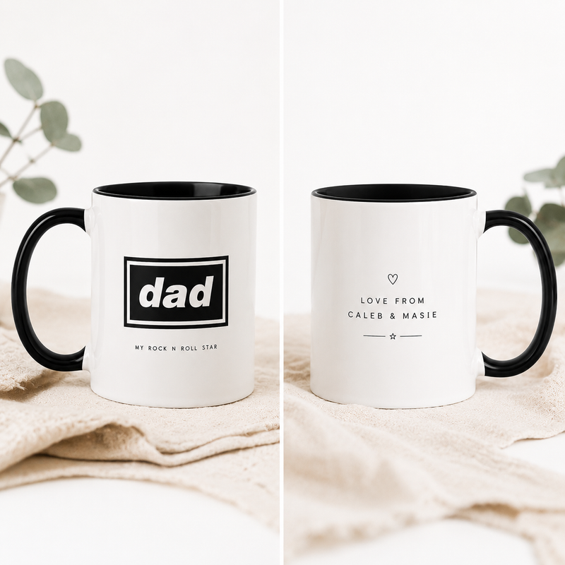 Personalised dad mug showing custom Love From Caleb and Masie message on reverse