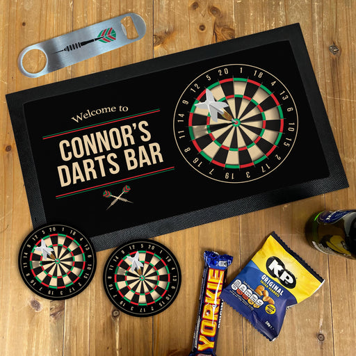 Personalised stainless steel bottle opener and bar mat with ‘Connor’s Darts Bar’, 