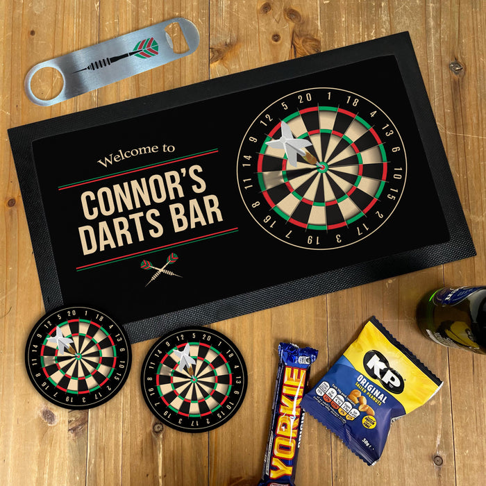 Personalised stainless steel bottle opener and bar mat with ‘Connor’s Darts Bar’, 