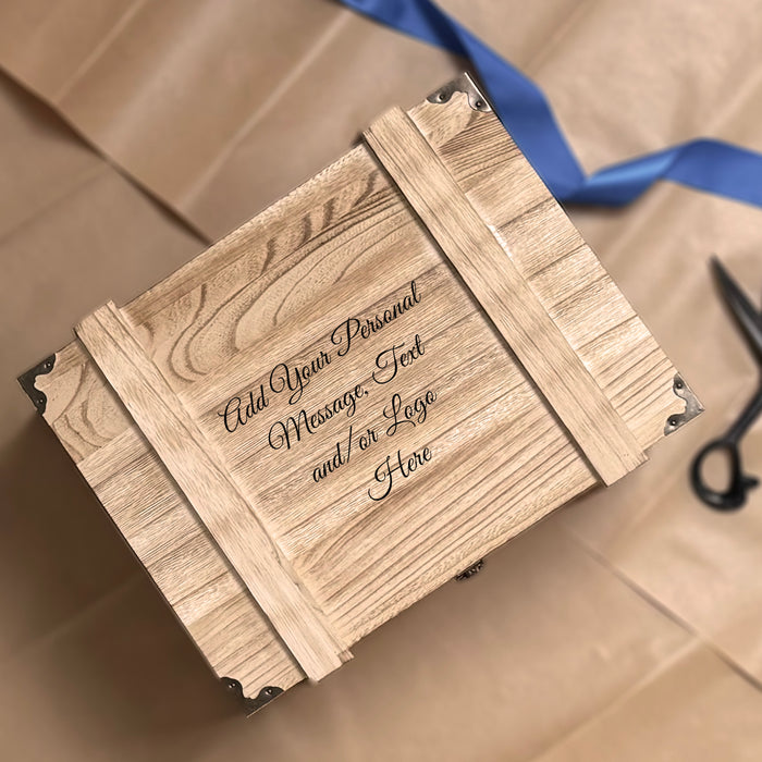 Personalised wooden wine chest engraved with “Add your personal message, text and/or logo here,” showing detailed wood grain and metal corner accents.
