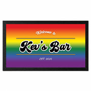 Personalised Pride rainbow bar mat with custom Kev's Bar name and established year