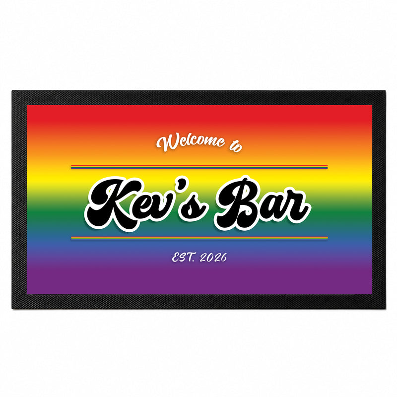 Personalised Pride rainbow bar mat with custom Kev's Bar name and established year
