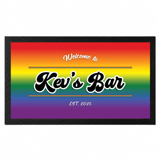 Personalised Pride rainbow bar mat with custom Kev's Bar name and established year