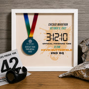 White personalised marathon medal frame with custom race information