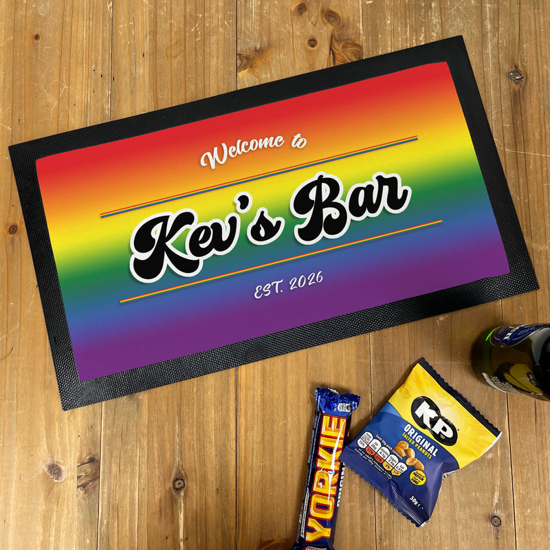 Personalised Bar Set | Custom Home Bar Accessories | Rainbow Pride Bar Decor | Personalised Bar Mat & Coasters Gift