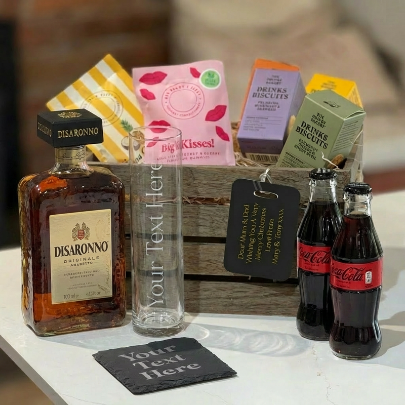 Disaronno Lovers Personalised Crate Set – Premium Amaretto Gift with Engraved Glass & Treats