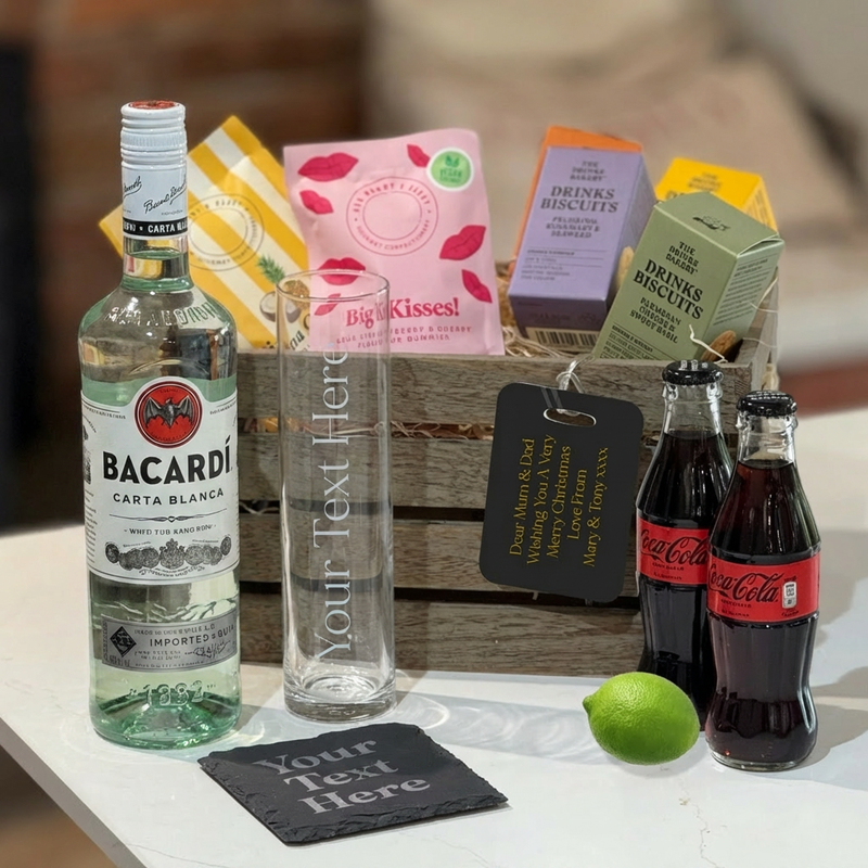 Bacardi Lovers Personalised Crate Set – Premium Rum Gift with Engraved Glass & Gourmet Treats