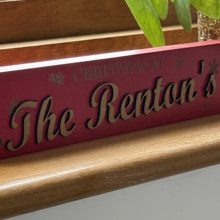 Personalised Freestanding Christmas Sign – Custom Family Name Wooden Decoration | ‘Christmas At’ Snowflake Design in Red, White or Grey | Holiday Mantel & Shelf Décor Gift