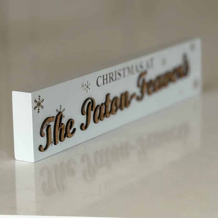 Personalised Freestanding Christmas Sign – Custom Family Name Wooden Decoration | ‘Christmas At’ Snowflake Design in Red, White or Grey | Holiday Mantel & Shelf Décor Gift