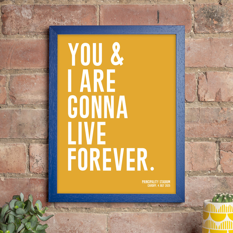 A framed print with a mustard yellow background and white text saying: “You & I are gonna live forever.” The blue frame contrasts against the rustic brick wall behind it, with small plants and books adding warmth to the scene. Personalized text at the bottom reads: “Principality Stadium, Cardiff, 4 July 2025.”