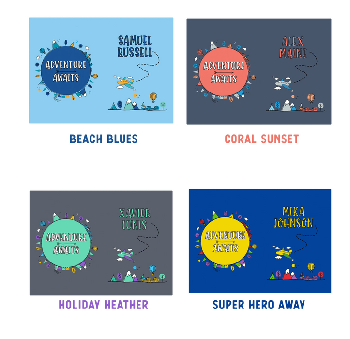 A design chart showing four colour options for personalised “Adventure Awaits” passport covers. The colour variants are Beach Blues, Coral Sunset, Holiday Heather, and Super Hero Away, each with whimsical travel graphics and space for a personalised name.