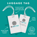 A diagram explaining the features of the luggage tags, including dimensions (10cm x 7cm), clear plastic loops, durable plastic construction, and high-gloss double-sided printing. Background is teal with arrows and text highlighting each feature.