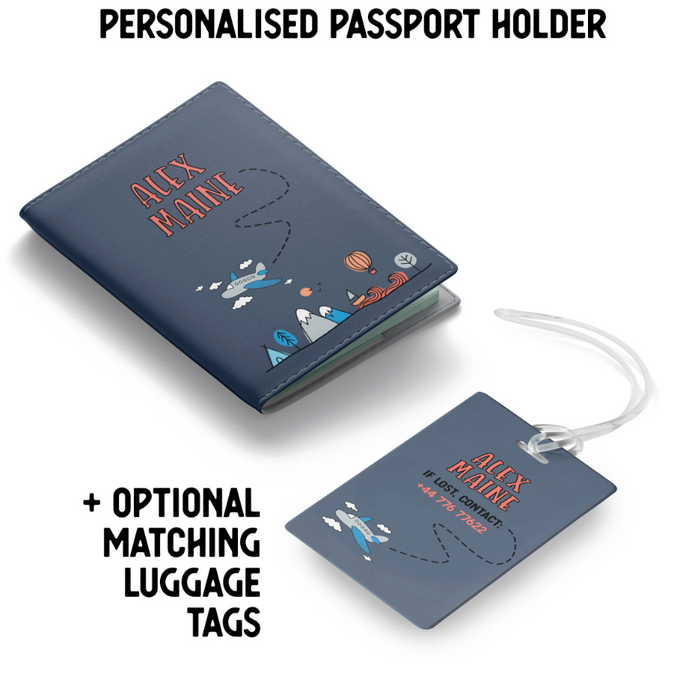 A matching personalised passport holder and luggage tag set in dark blue featuring the name “Alex Maine” and a travel design with a plane, mountains, and hot air balloons. The text above reads “Personalised Passport Holder + Optional Matching Luggage Tags.”