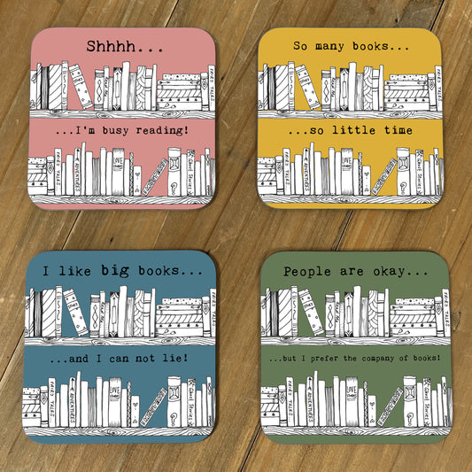 Set of four reading-themed coasters - bright colours