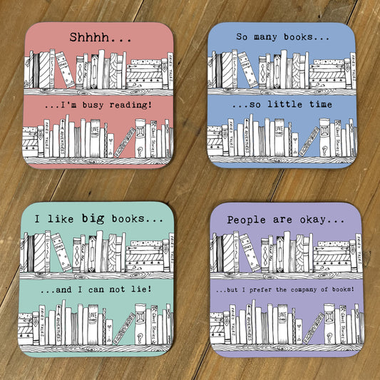 Set of four reading-themed coasters - pastel colours