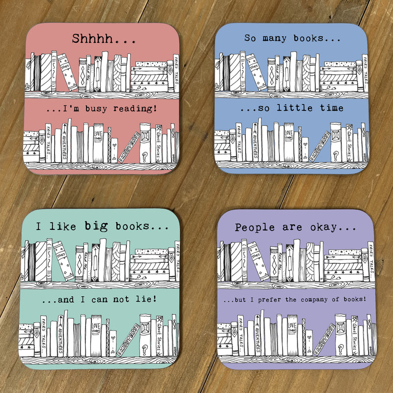 Set of four reading-themed coasters - pastel colours
