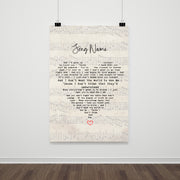Personalised song lyric print with sheet music background and heart-shaped lyrics layout, custom song title at top