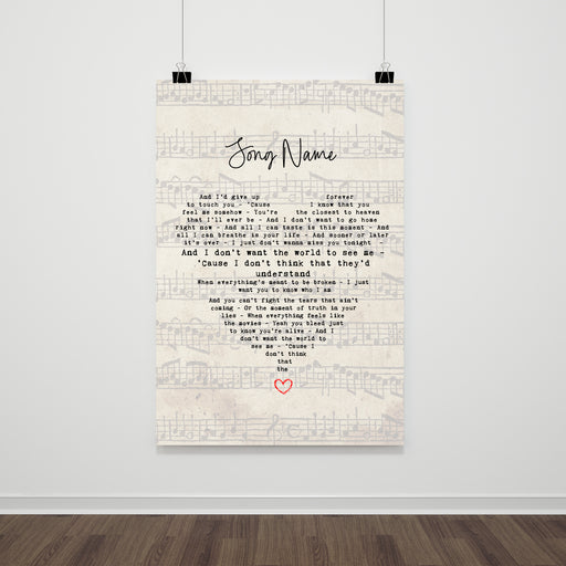 Personalised song lyric print with sheet music background and heart-shaped lyrics layout, custom song title at top