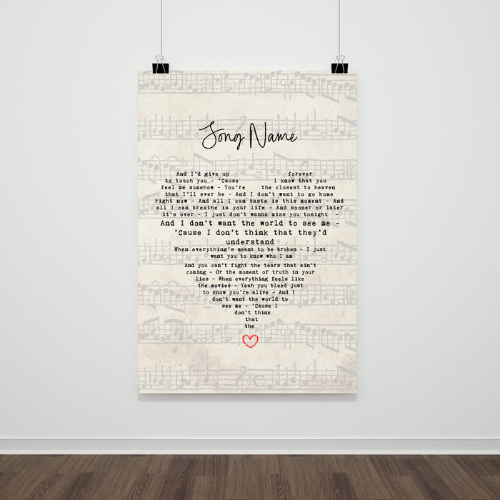Personalised song lyric print with sheet music background and heart-shaped lyrics layout, custom song title at top