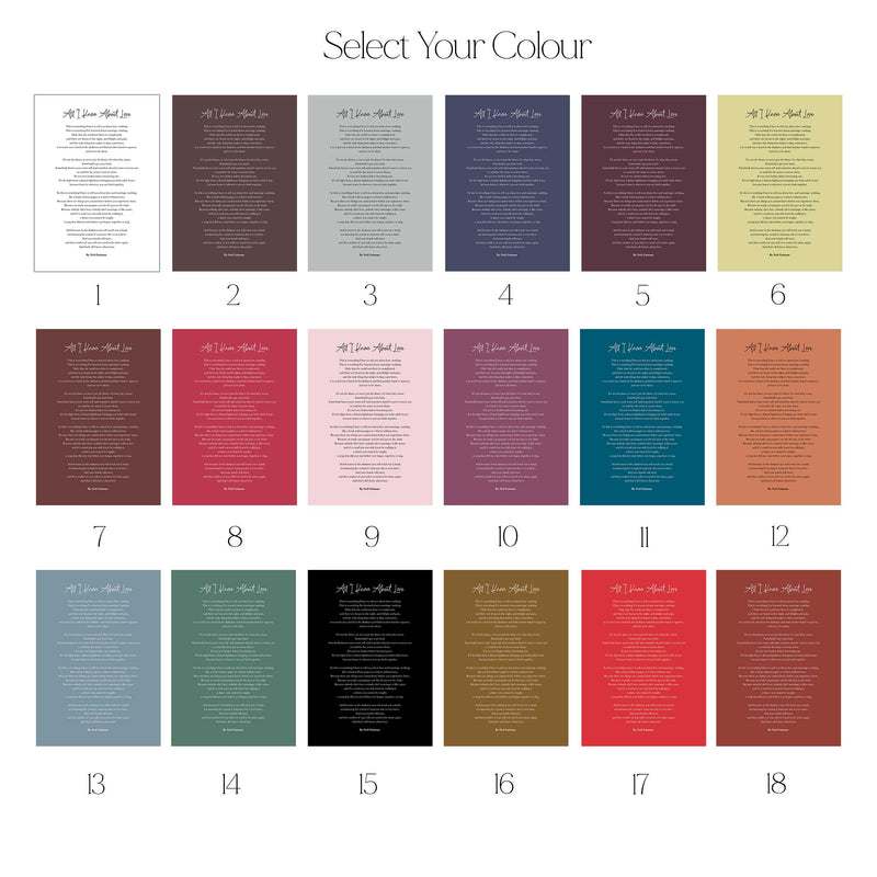 Personalised Poem Print – Custom Lyrics, Wedding Vows or Speech Print (18 Colours, 5 Sizes)