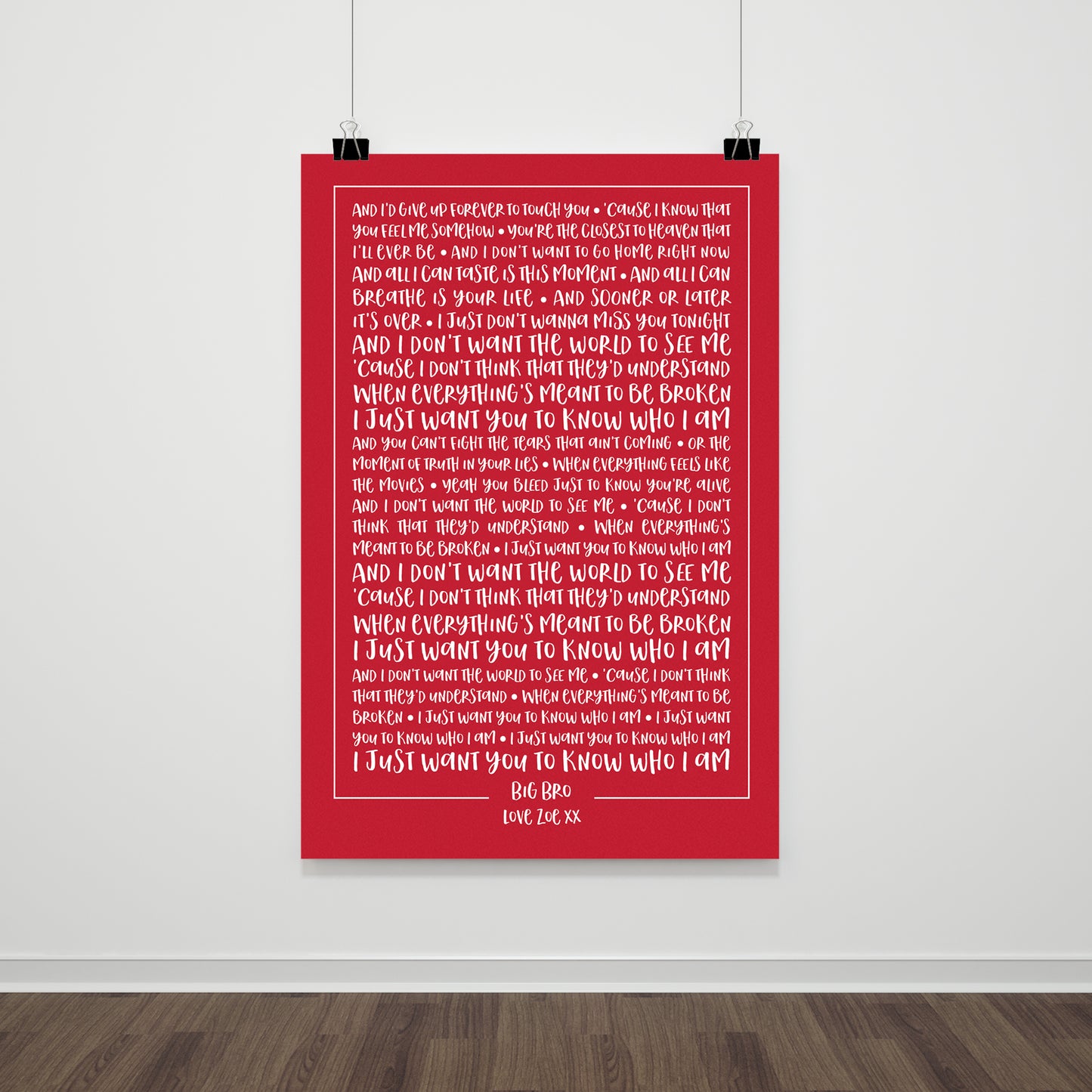 Favourite song lyrics solid colour typography print