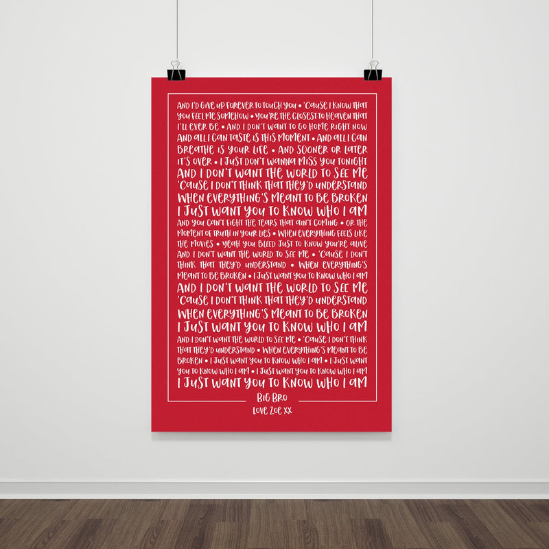 Favourite song lyrics solid colour typography print